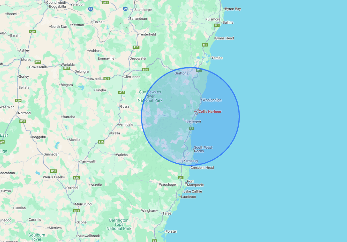 LA Coatings Service Area Map - Coffs Harbour, Grafton, Bellingen, Kempsey
